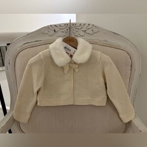 🧸 12 Mth Cream Knit Cotton Baby Cardigan with Faux Fur Collar & Bow NWT